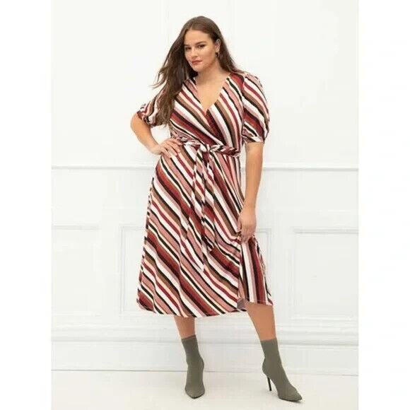 Eloquii Dress Elements Striped Faux Wrap Midi Women's Size 18 Plus Tie Waist - Picture 1 of 11
